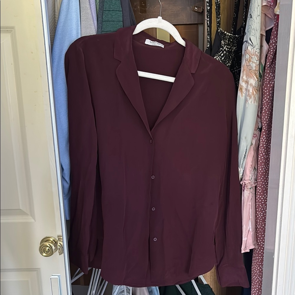 Babaton Maroon Notched Collar Button Up Blouse